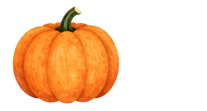 watercolor pumpkin illustration, orange pumpkin art, autumn harvest vegetable, fall season pumpkin, green stem pumpkin, organic farm produce, white background pumpkin, rustic vegetable design, thanksg