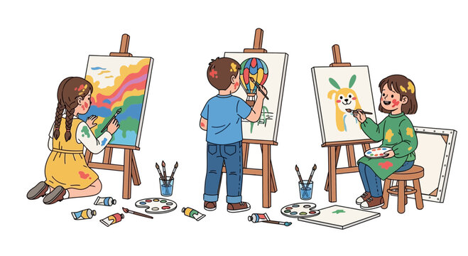 Children painting on easels, creative art class, diverse kids enjoying artistic expression