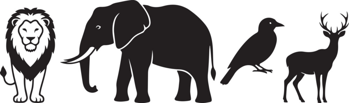 Silhouettes of four iconic african wildlife animals in a row