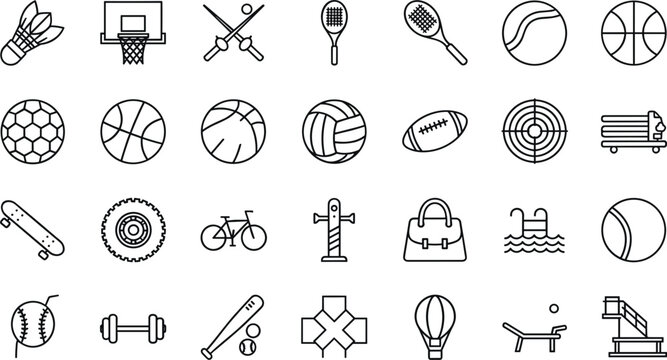 Set of 24 Sports, Fitness, and Outdoor Activity Icon Illustrations for Digital Media and App Design