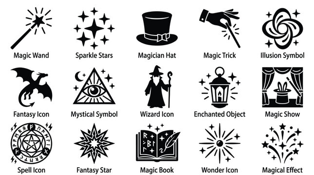Collection of 15 black and white icons representing various magical and fantasy elements, including wands, stars, hats, dragons, and mystical symbols.