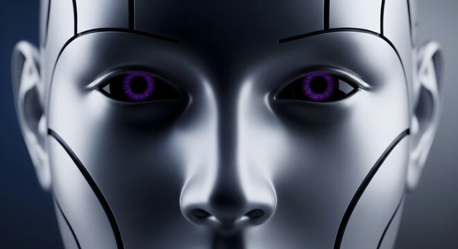Close-up of a futuristic robotic face with purple eyes.
