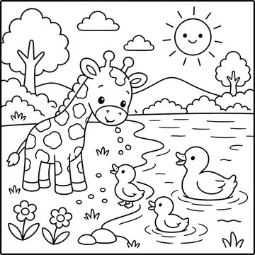 Bold and Easy Giraffe Coloring Page - Cozy Moment Cute Kawaii Wild Animal Minimalist Line Art Vector Illustration for Adults and Kids Relaxing Activity Book Asset