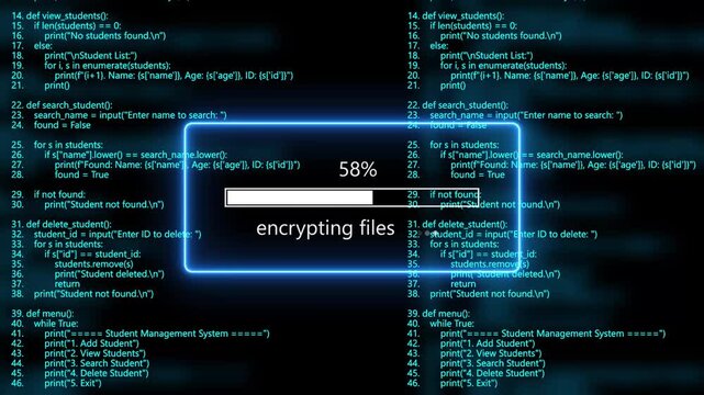 cyan glowing encrypting files loading bar animation with digital binary code and cyber programming background. Programming code hacking concept.4k animation