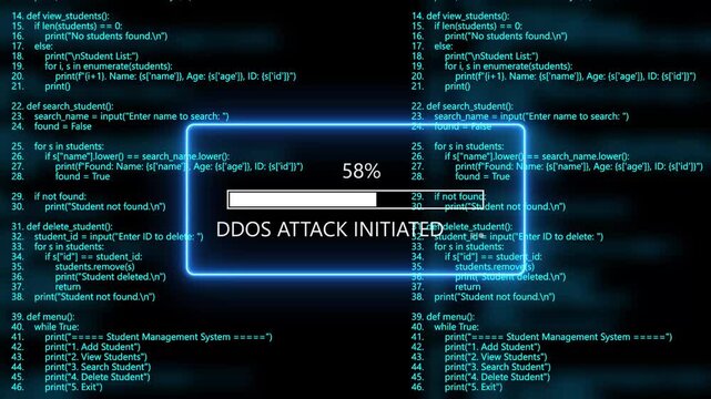 cyan glowing Dods attack initiated loading bar animation with digital binary code and cyber programming background. Programming code hacking concept.4k animation