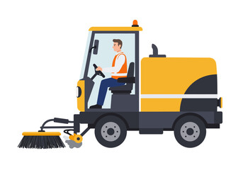 Naklejka premium A cleaning vehicle with rotating brushes and a driver, designed for street sweeping and public area maintenance