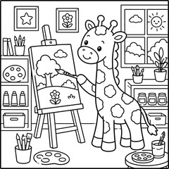 Bold and Easy Giraffe Coloring Page - Cozy Moment Cute Kawaii Wild Animal Minimalist Line Art Vector Illustration for Adults and Kids Relaxing Activity Book Asset © Rs