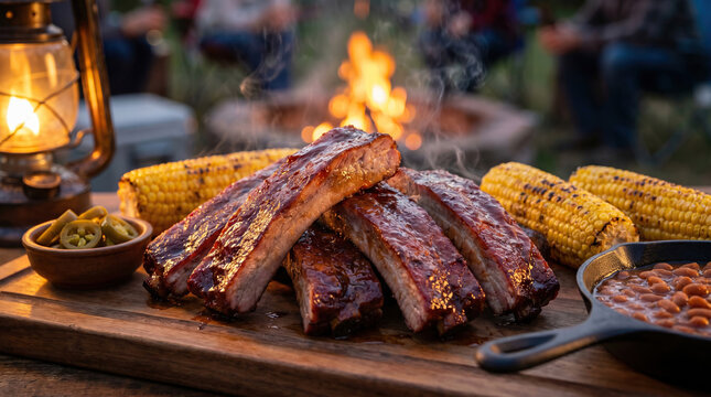 Delicious barbecue pork ribs with corn on the cob and baked beans served outdoors by a campfire