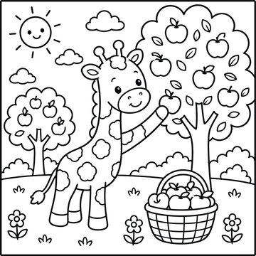 Bold and Easy Giraffe Coloring Page - Cozy Moment Cute Kawaii Wild Animal Minimalist Line Art Vector Illustration for Adults and Kids Relaxing Activity Book Asset