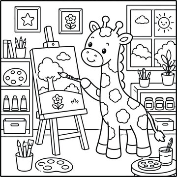 Bold and Easy Giraffe Coloring Page - Cozy Moment Cute Kawaii Wild Animal Minimalist Line Art Vector Illustration for Adults and Kids Relaxing Activity Book Asset