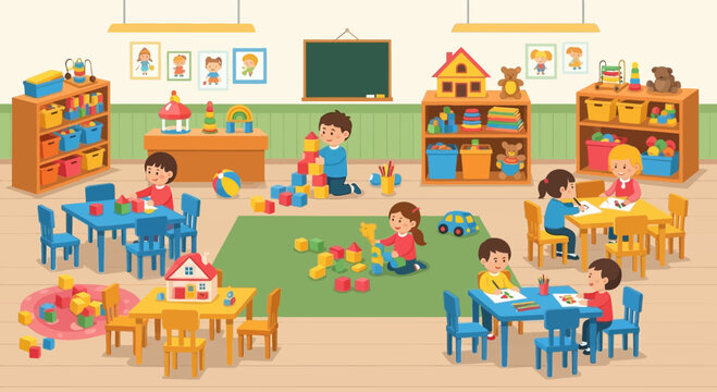 Children playing and learning in a colorful kindergarten classroom