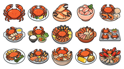 A vibrant collection of delicious crab dishes and seafood platters, showcasing a variety of culinary preparations and presentations. © geira