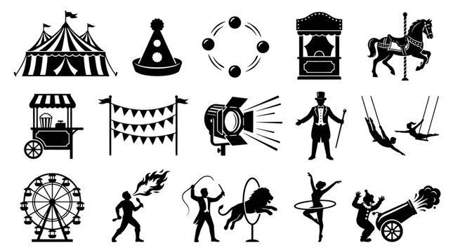 Circus Icons: Black  White Silhouette Collection for Entertainment