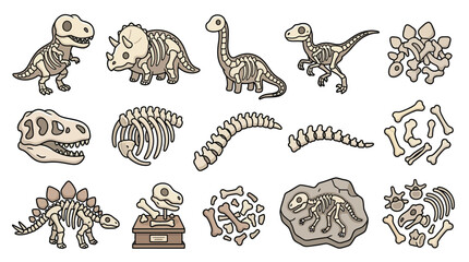 A collection of cartoon dinosaur skeletons and fossilized bones, showcasing various prehistoric creatures in a playful, educational style. © geira