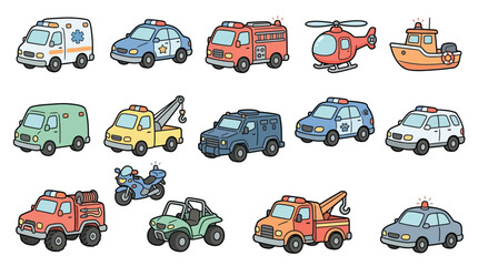 A vibrant collection of cartoon-style emergency and utility vehicles, including ambulances, police cars, fire trucks, helicopters, boats, tow trucks, and ATVs, presented in a clear, organized grid. © geira