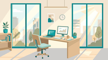 Fototapeta premium Bright and modern home office with a desk, laptop, monitor, and large windows overlooking an urban landscape with sunlight streaming in.