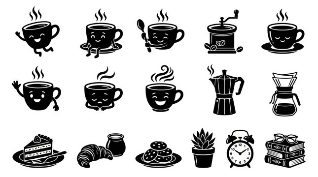 Black  White Coffee Icons: Cute Cups, Grinder, Moka Pot, Books, Cake, Croissant
