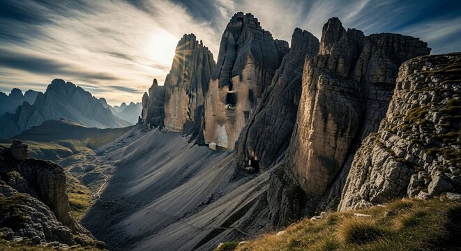 Rugged mountain peaks landscape