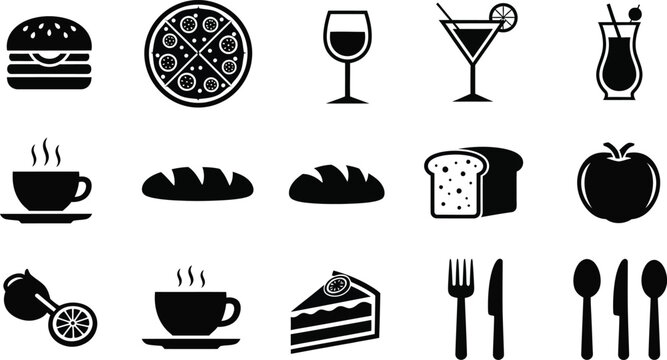 Black and white food and drink including burgers, pizza, wine, coffee, bread, fruit, and utensils restaurant