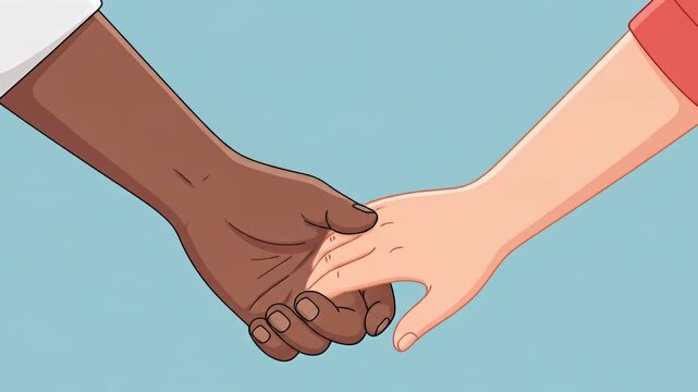 Cartoon style artwork of a dark and light-skinned hand clasping each other in solidarity