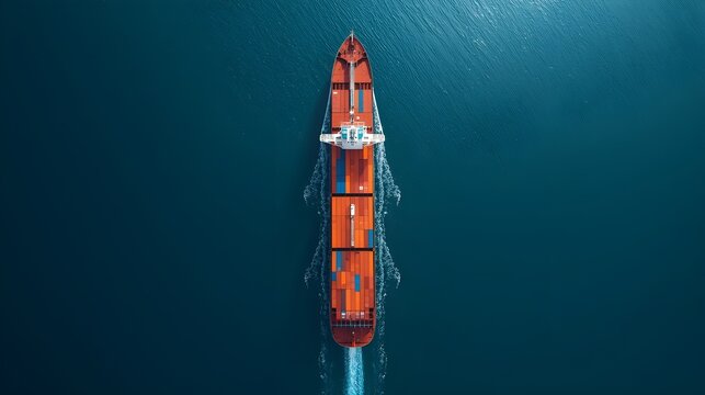 Aerial top view of a large cargo container ship sailing in deep blue ocean