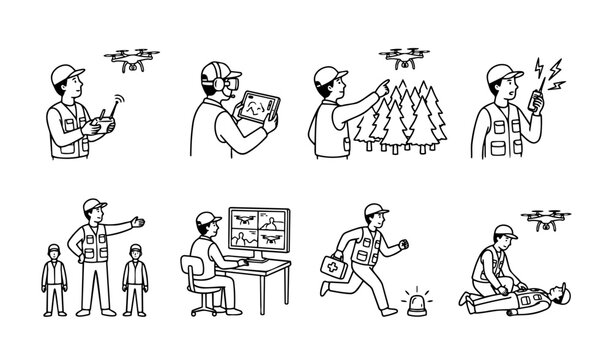 Drone search and rescue emergency team doodle vector