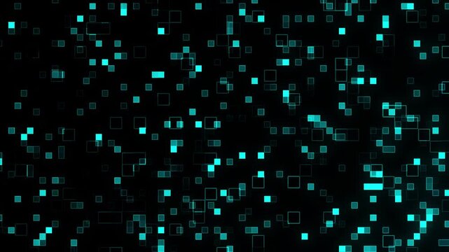 Abstract digital data motion with blue glowing square pixels on black background creating high tech futuristic loop animation showing cyber security grid pattern for tech project.