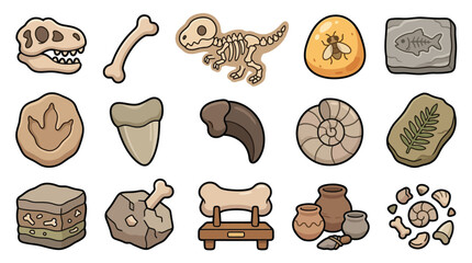 A collection of cartoon-style illustrations depicting various fossils and archaeological artifacts, including dinosaur skeletons, bones, teeth, footprints, ammonites, and ancient pottery. © geira