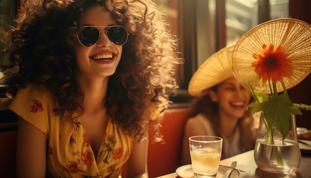 A smiling woman wearing sunglasses sits at a table with a friend