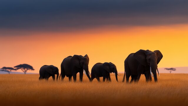 African elephant family journeys across sun drenched savanna grassland at breathtaking dusk