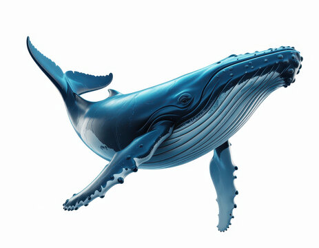 Large humpback whale swimming isolated on a plain white background, with smooth blue, skin texture