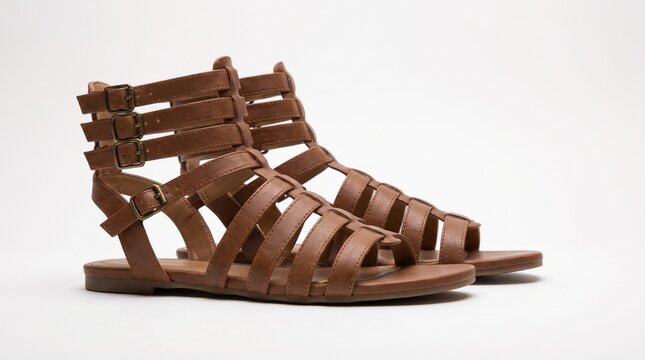 Stylish brown gladiator sandals with multiple straps isolated on white background, featuring soft lighting and elegant design.