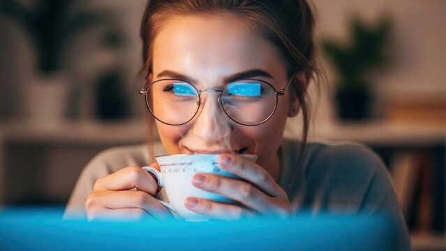 A woman sits at a desk in a dimly lit room, sipping from a mug while working on a computer at night