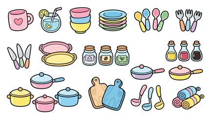 A colorful collection of cute cartoon kitchenware and cooking utensils, including pots, pans, plates, cups, cutlery, and bottles. © geira