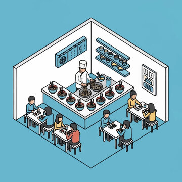 Isometric illustration of a modern kitchen with chef and students cooking together.