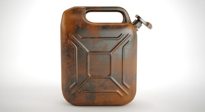 Old rusty metal fuel canister with a handle and spout isolated on a plain white studio background
