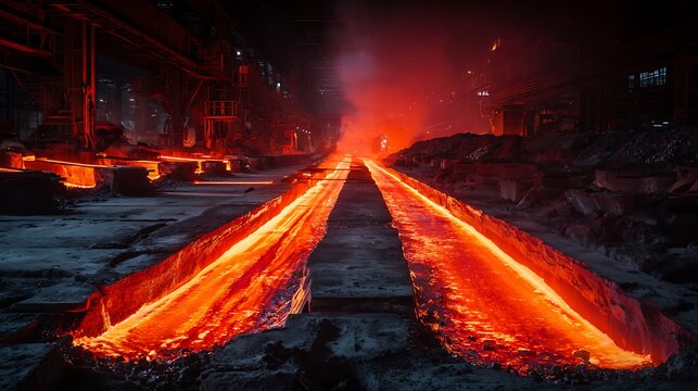 Molten steel flowing through industrial foundry casting channels.