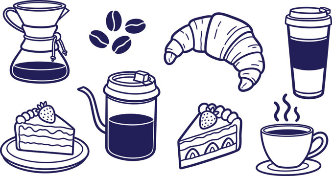 Coffee and dessert icon set with croissant cake and caffeine brewing tools including chemex pot and takeaway cup on transparent background for morning cafe branding and menu design.