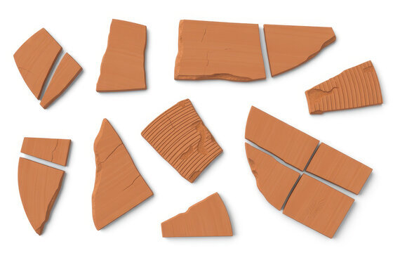 Set of broken terracotta clay tile fragments scattered on a plain white background