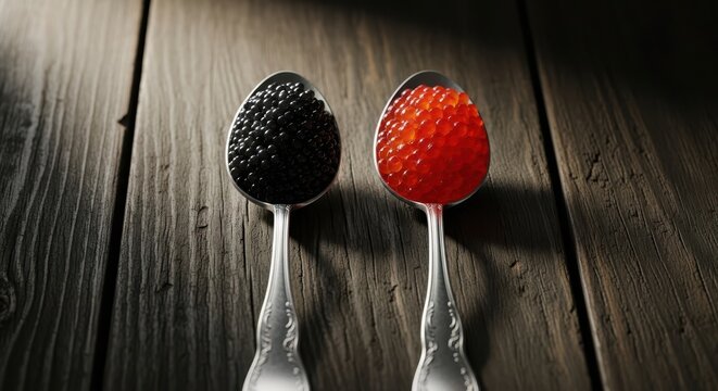 Two silver spoons with black and red caviar on a dark rustic wooden background