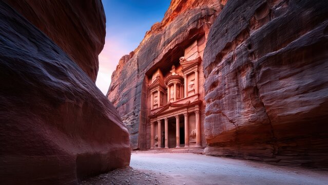 The magnificent Treasury of Petra emerges from the narrow Siq under a captivating morning sky
