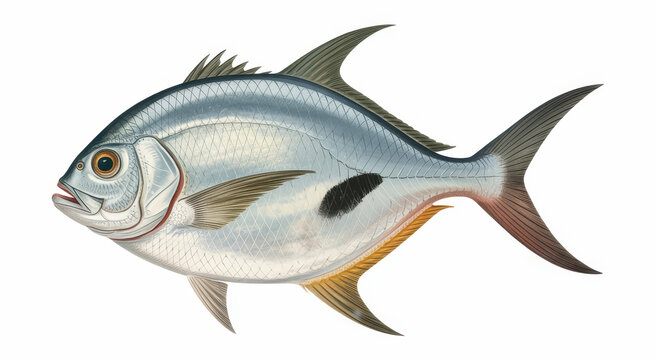 Single silver pompano fish with dark spot isolated on a white background, for seafood menu