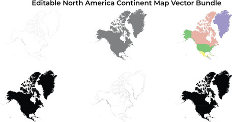 North america continent maps: outline, solid, and colored regions © Shukkur