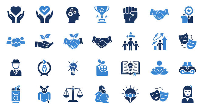 Collection of blue line icons depicting people, learning, science and teamwork in a modern vector style.