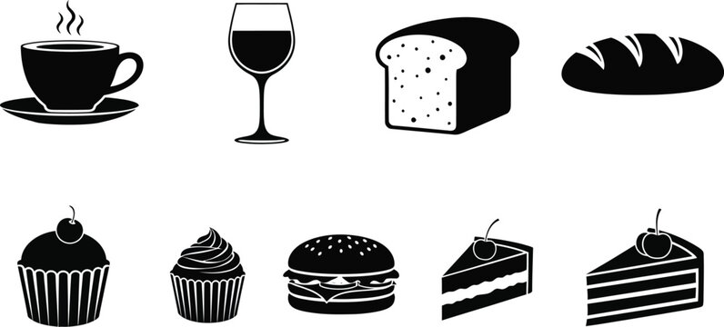 Black and white food and drink including coffee, wine, bread, pastries, and desserts