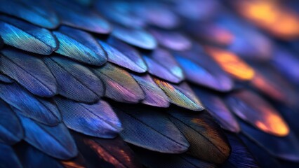 Obraz premium Vibrant Iridescent Feathers in Macro Detail, Shifting from Blue to Purple and Fiery Orange