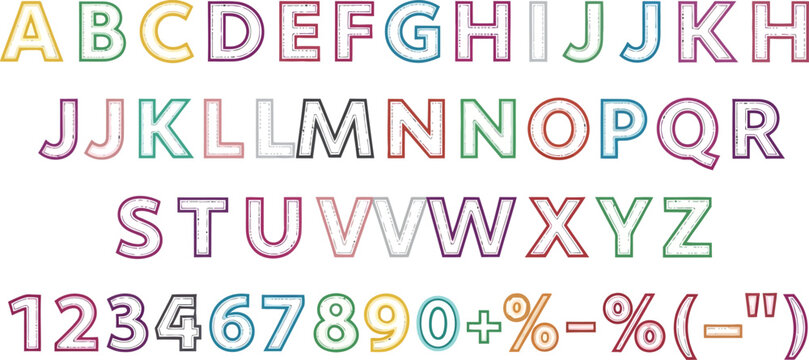 Colorful alphabet and number set with symbols, rainbow outline font numbers