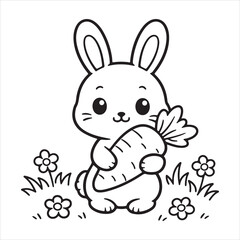 Fototapeta premium A charming black and white line drawing depicts a cute bunny holding a carrot, surrounded by flowers.