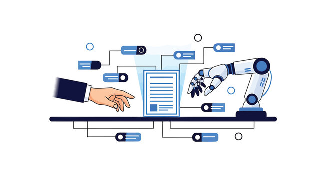 Robotics, automation, and AI concept, futuristic technology, industrial robot arm interacting with document