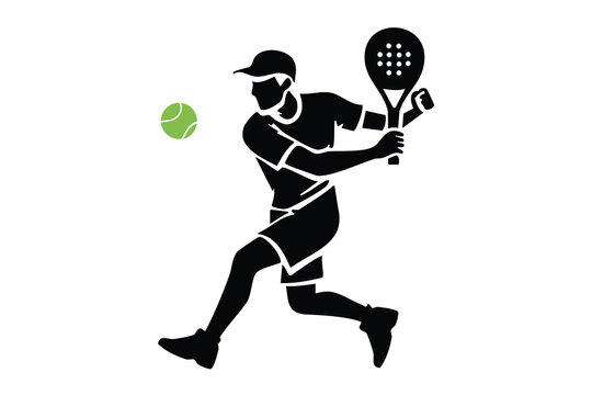 Dynamic padel player silhouette illustration hitting ball with racket, representing action, movement, and sports activity. Clean logo design ideal for fitness, competition, and active lifestyle themes